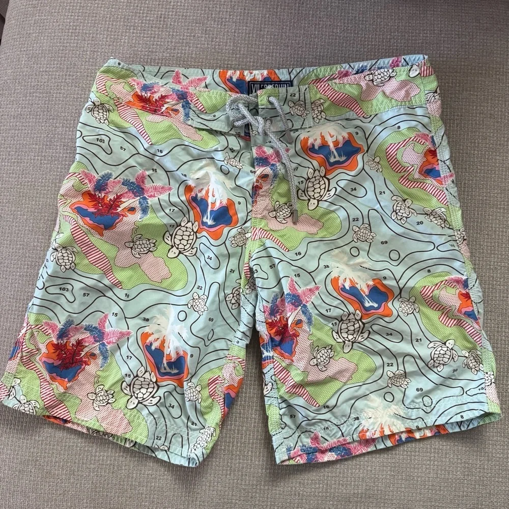 Vilebrequin Men's Swim Shorts in Green, Light Blue, Pink & Orange Floral Print M